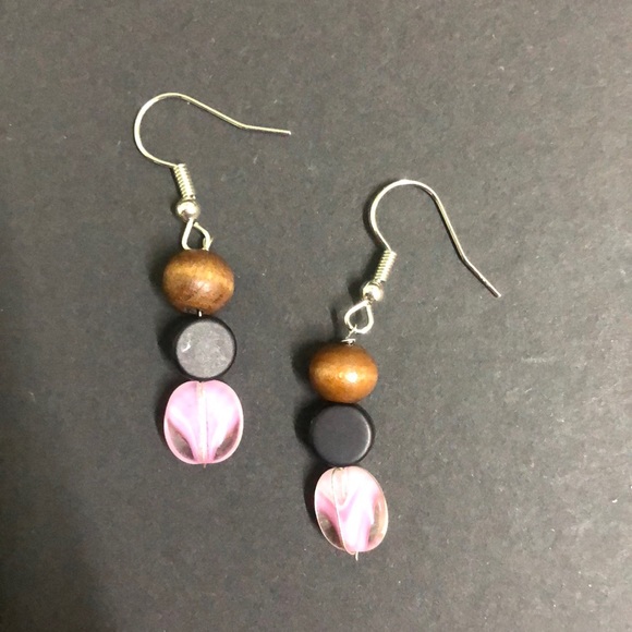 BeBlessedGiftsCo Jewelry - Handmade pink glass and wood bead earrings
